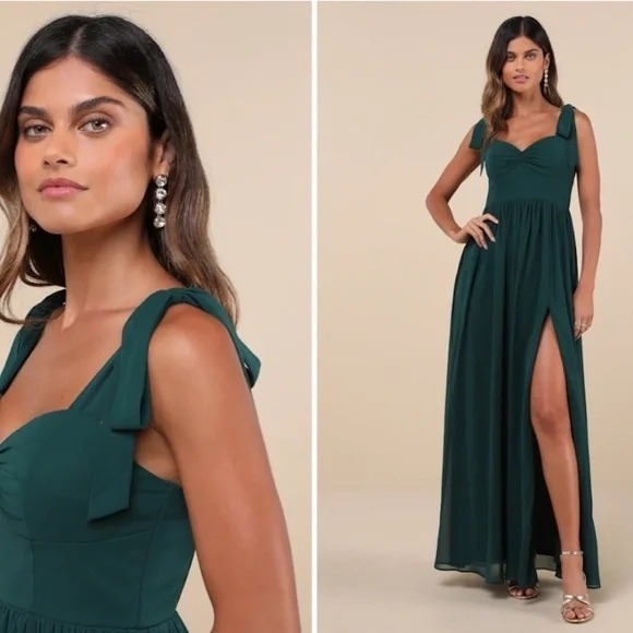 Lulus Radiant Charisma Emerald Chiffon Ruched Tie-Strap Maxi Dress Size M - Picture 3 of 11